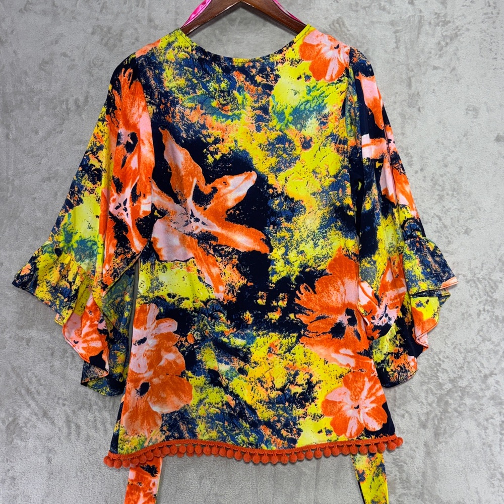 Betsey Johnson Vibrant Floral Tie Back Tunic w/Ruffled Bell Sleeves Size L - Picture 8 of 10
